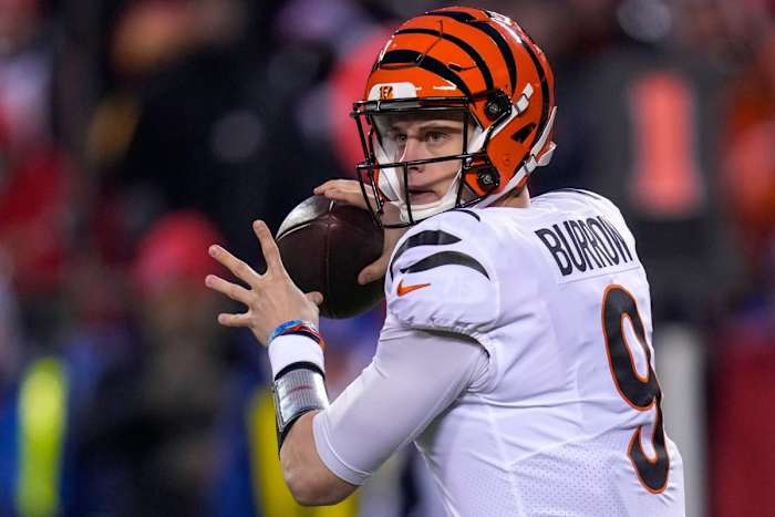 Cincinnati Bengals quarterback Joe Burrow (9) drops back to throw in the first quarter of the AFC championship NFL game between the Cincinnati Bengals and the Kansas City Chiefs, Sunday, Jan. 29, 2023, at Arrowhead Stadium in Kansas City, Mo. The Chiefs led 13-6 at halftime. Cincinnati Bengals At Kansas City Chiefs Afc Championship Jan 29 139